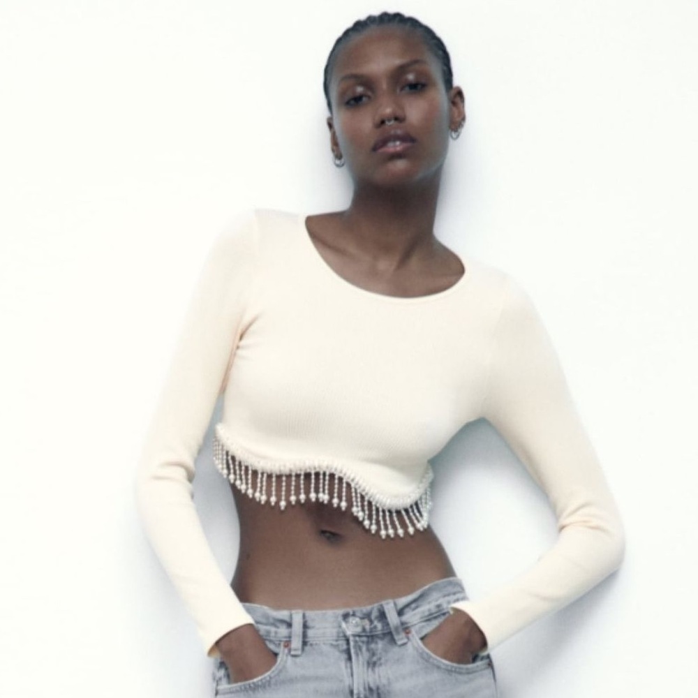 Cream Long Sleeve Crop Top with Fringe